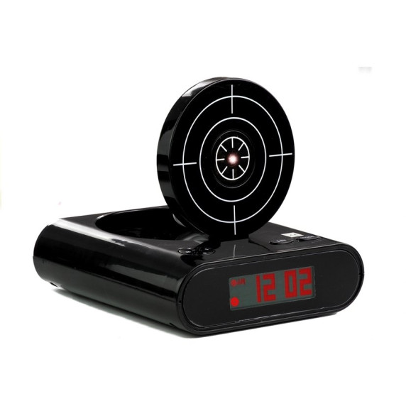 Budík s laserovou pištoľou a terčom Inlea4Fun GUN ALARM CLOCK - čierna