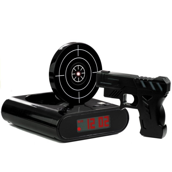 Budík s laserovou pištoľou a terčom Inlea4Fun GUN ALARM CLOCK - čierna
