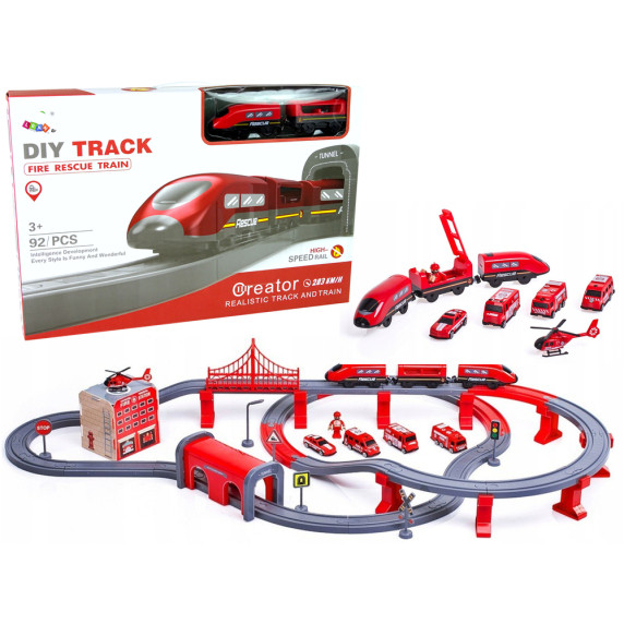 Set cale ferată cu tren roșu - 92 elemente - FIRE RESCUE TRAIN