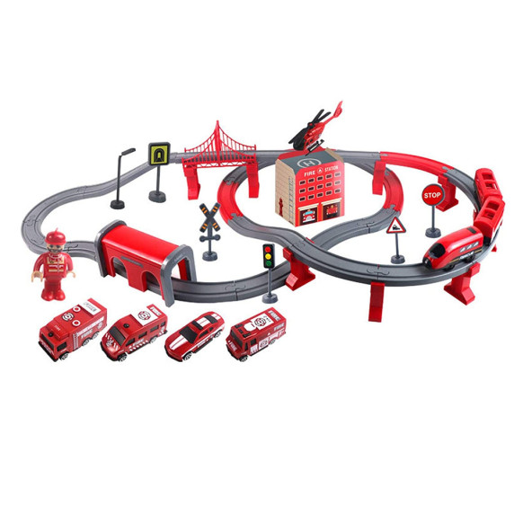 Set cale ferată cu tren roșu - 92 elemente - FIRE RESCUE TRAIN