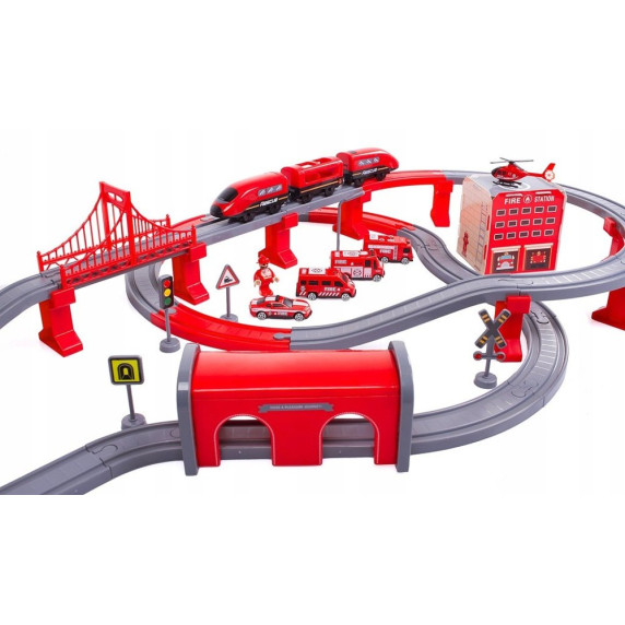 Set cale ferată cu tren roșu - 92 elemente - FIRE RESCUE TRAIN