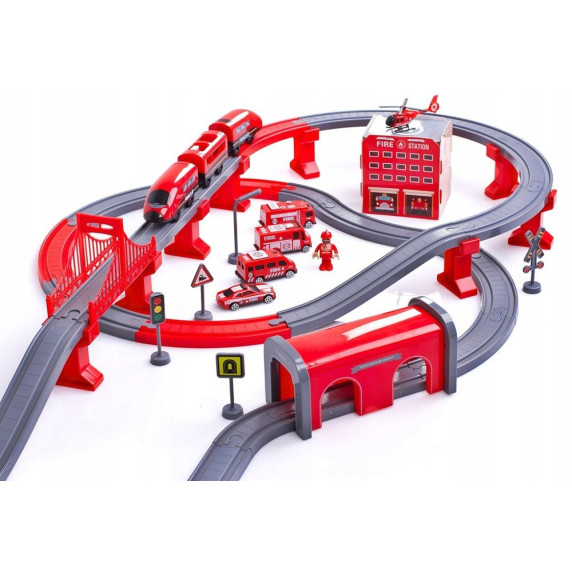 Set cale ferată cu tren roșu - 92 elemente - FIRE RESCUE TRAIN