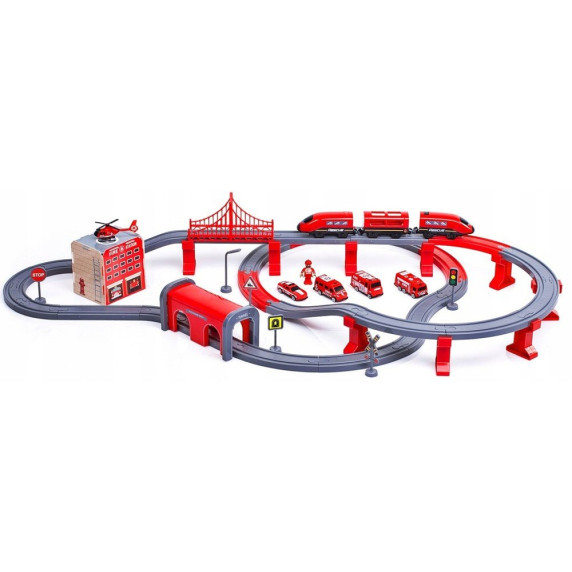 Set cale ferată cu tren roșu - 92 elemente - FIRE RESCUE TRAIN