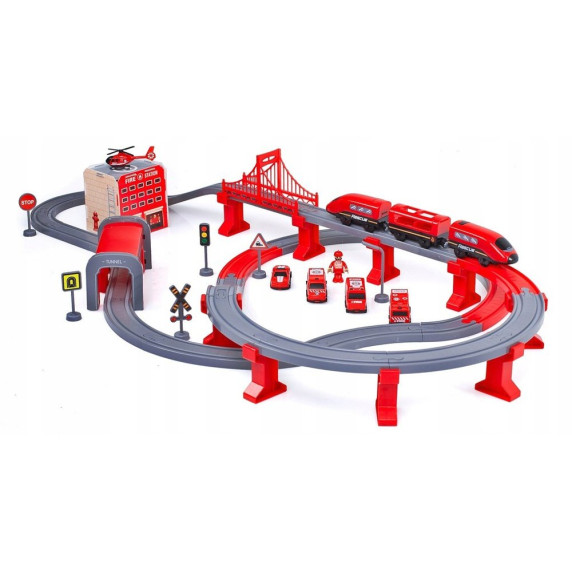 Set cale ferată cu tren roșu - 92 elemente - FIRE RESCUE TRAIN
