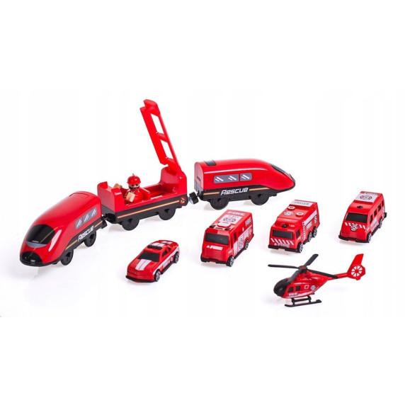 Set cale ferată cu tren roșu - 92 elemente - FIRE RESCUE TRAIN