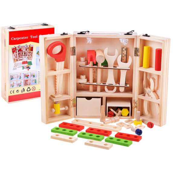 Drevená sada detského náradia v prenosnom boxe Inlea4Fun CARPENTER TOOL BOX