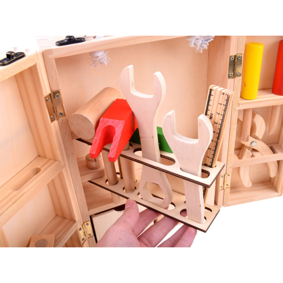 Drevená sada detského náradia v prenosnom boxe Inlea4Fun CARPENTER TOOL BOX