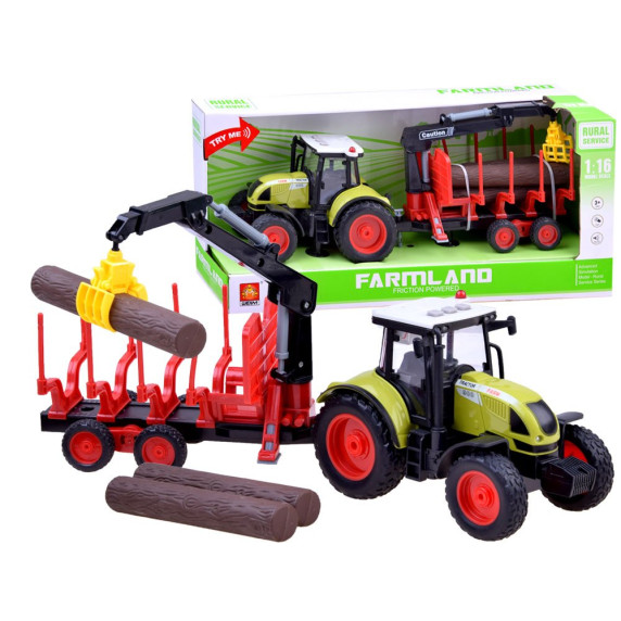 Fa szállító játék traktor utánfutóval és farönkökkel Inlea4Fun FARMLAND 