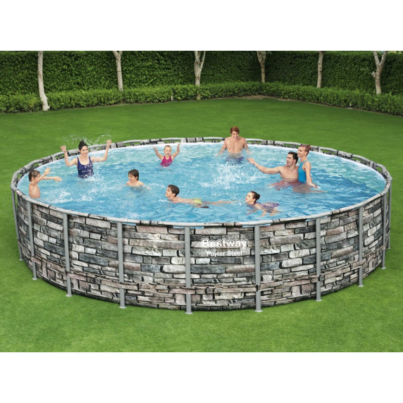 Kőmintás medence vízforgatóval és létrával 671x132 cm BESTWAY Power Steel 56889 