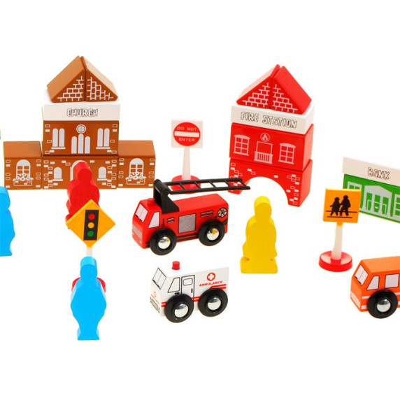 Set elemente oraș din lemn 47 bucăți Fun Town Inlea4Fun