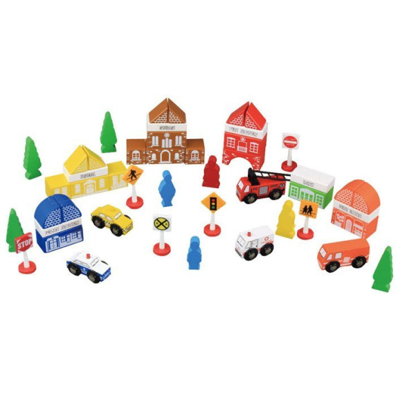 Set elemente oraș din lemn 47 bucăți Fun Town Inlea4Fun