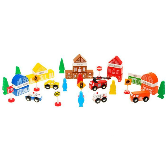 Set elemente oraș din lemn 47 bucăți Fun Town Inlea4Fun