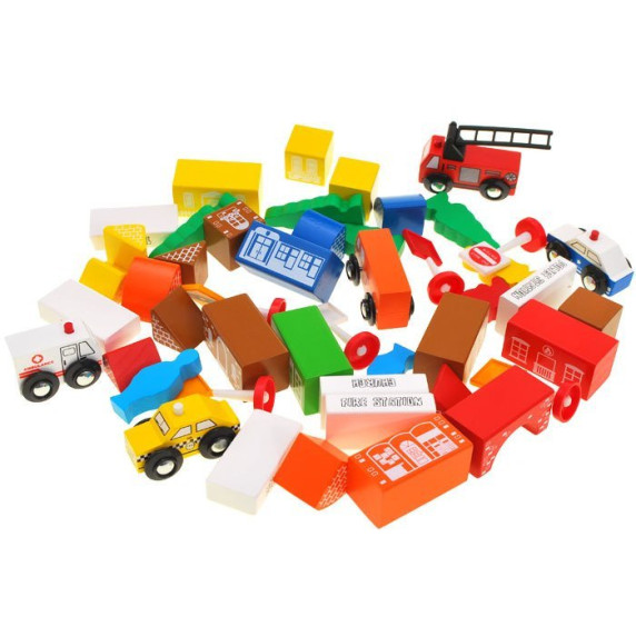 Set elemente oraș din lemn 47 bucăți Fun Town Inlea4Fun