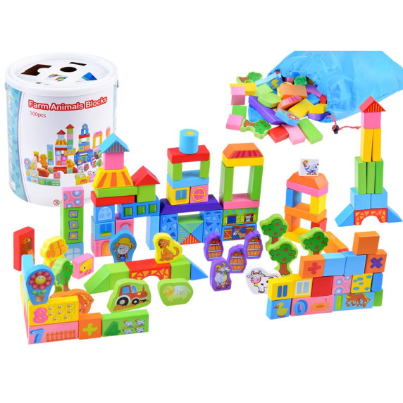 Cuburi colorate din lemn - 100 buc - Inlea4Fun FARM ANIMALS BLOCKS - fermă