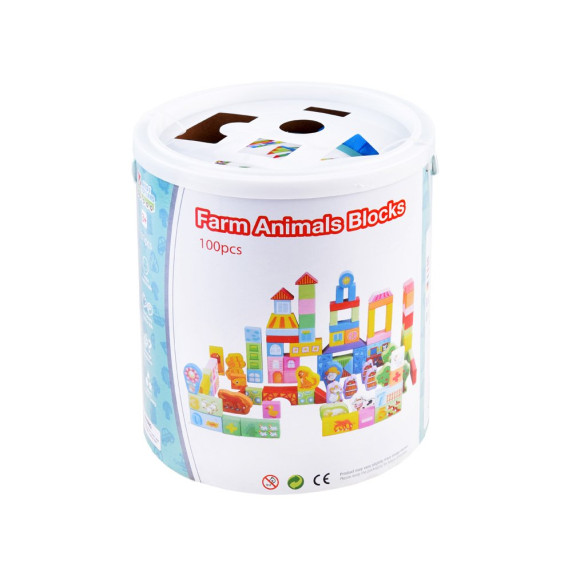 Cuburi colorate din lemn - 100 buc - Inlea4Fun FARM ANIMALS BLOCKS - fermă
