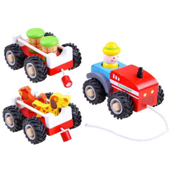 Set tractor din lemn, cu accesorii, Wooden Tractor Inlea4Fun