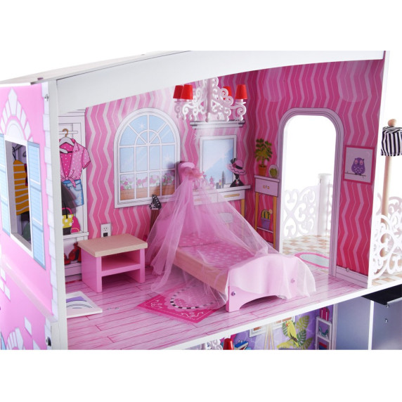 Casă pentru păpuși, din lemn, cu garaj și mobilă elegantă, Dolly Inlea4fun
