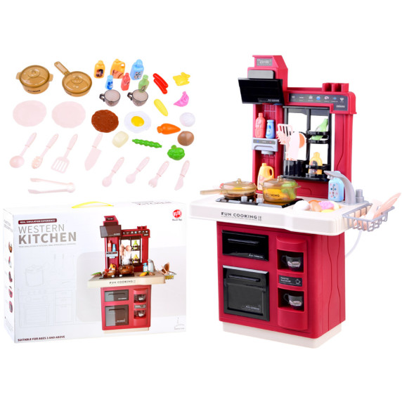 Játékkonyha fénnyel és hanggal kiegészítőkkel Inlea4Fun WESTERN KITCHEN - Piros