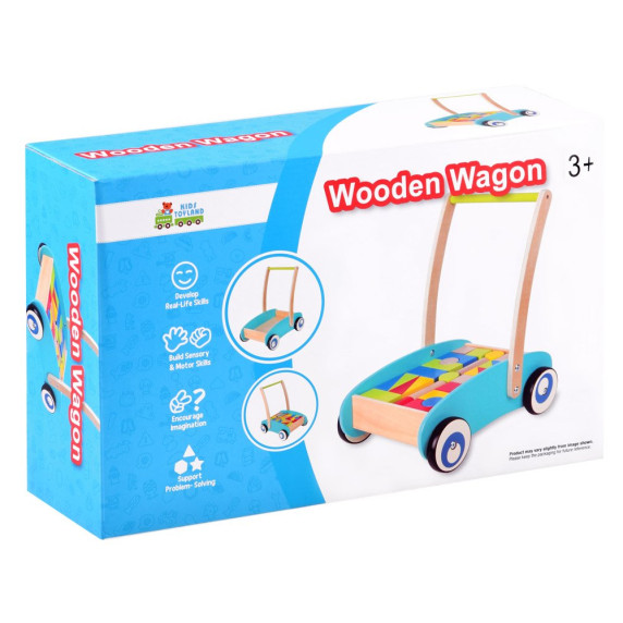 Fa húzható kiskocsi színes építőkockákkal Inlea4Fun WOODEN WAGON - 32 darabos 