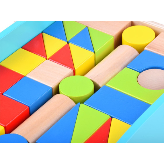 Fa húzható kiskocsi színes építőkockákkal Inlea4Fun WOODEN WAGON - 32 darabos 
