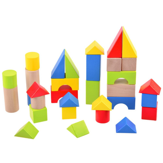 Fa húzható kiskocsi színes építőkockákkal Inlea4Fun WOODEN WAGON - 32 darabos 