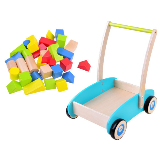 Fa húzható kiskocsi színes építőkockákkal Inlea4Fun WOODEN WAGON - 32 darabos 