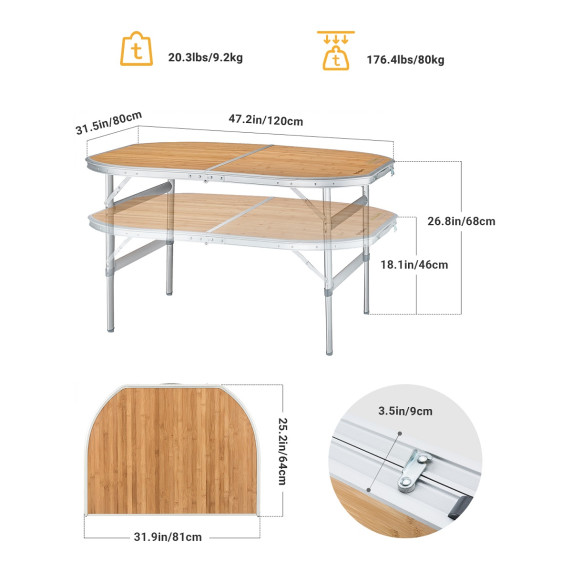 Masa de camping 120 x 80 cm - KING CAMP Bamboo 