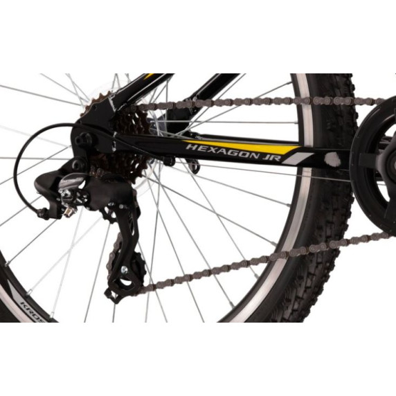 Detský bicykel HEXAGON Jr. 1.0 12" 2022 KROSS - lesklý čierny/strieborný/žltý