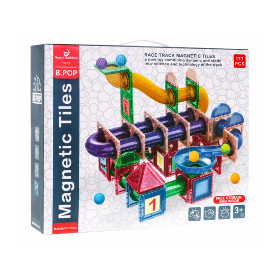 Jucărie de construcție magnetică - 177 piese - Inlea4Fun RACE TRACK MAGNETIC TILES