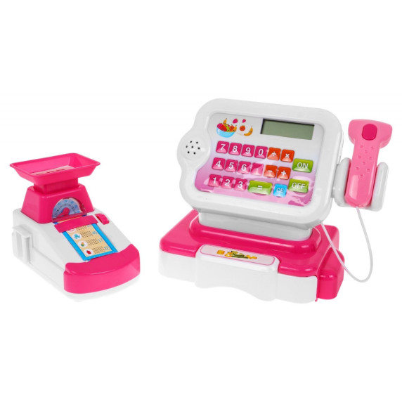 Pénztárgép kiegészítőkkel és bevásárlókosárral - rózsaszín/fehér Inlea4Fun CASH REGISTER